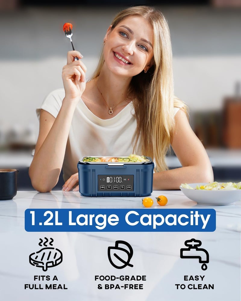 FERVINOW Cordless Electric Lunch Box for Adults – Battery-Powered Heated Lunch Box with 1.2L Stainless Steel Container, Timer Function, and Leak-Proof Food Warmer for Work, Travel & Office(Aqua Blue) - Image 3
